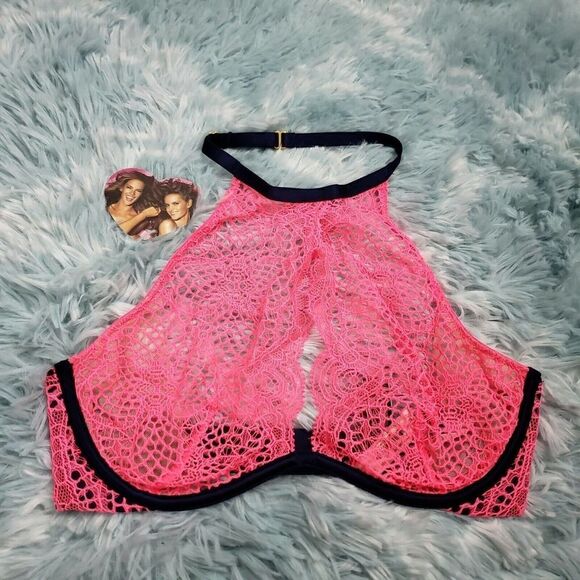 Victoria's Secrets Women's Pink Blue Crochet Halter Bra 32 D - Picture 1 of 5